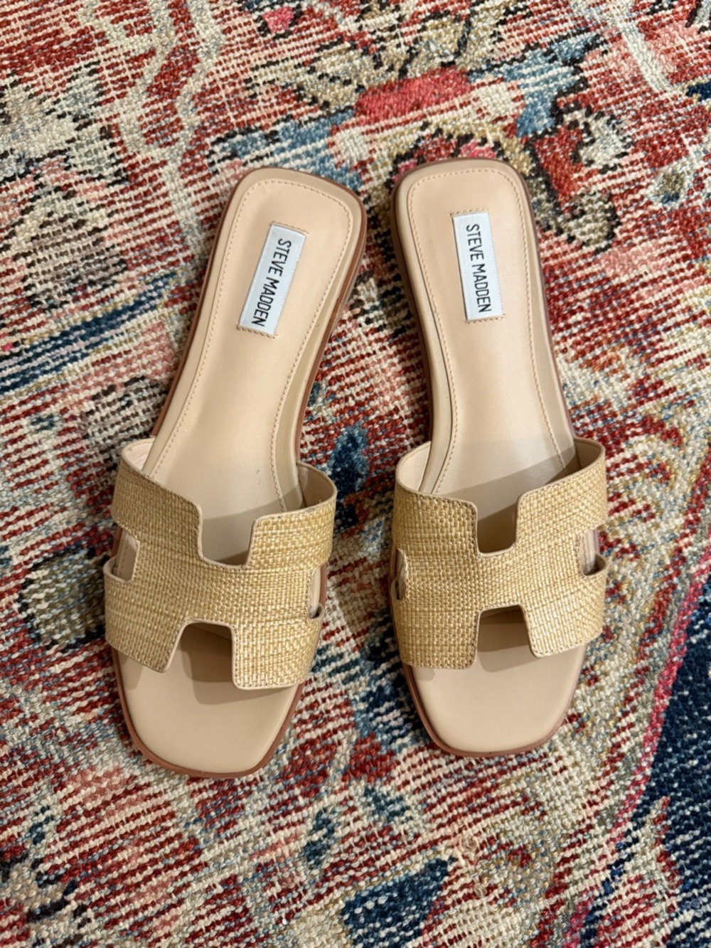 Steve Madden Beige Raffia H-Strip Slide Sandals